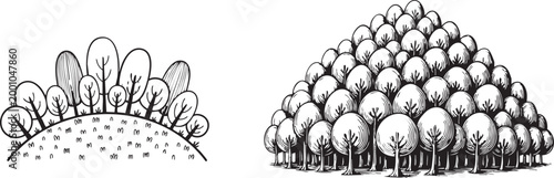 Hand-drawn trees illustration featuring two contrasting styles: a simple black outline grove on a grassy hill and a dense textured forest of uniform trees, isolated on white.