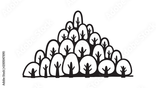 Stylized illustration of a dense cluster of simple, hand-drawn trees forming a triangular shape against a white background, representing nature.