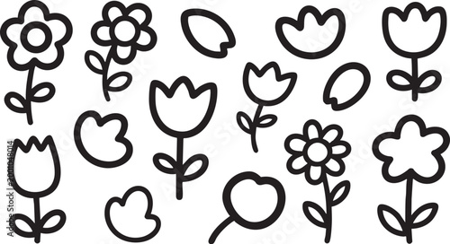 Flower doodle icons collection showing various hand drawn botanical elements and plant shapes for creative graphic design projects isolated on a clean white background backdrop