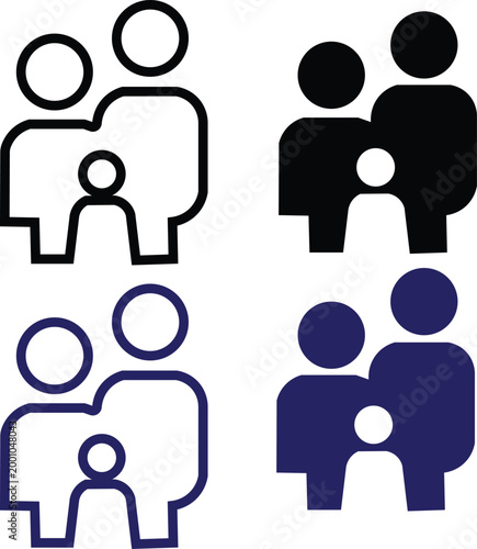 Minimalist family icon set, black and navy blue people silhouettes, 4 vector elements for social services and insurance branding, simple parent and child symbols
