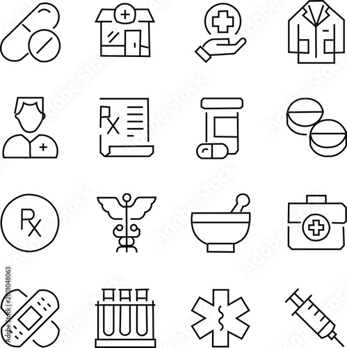 Medical and pharmacy line icons set, 16 healthcare vector symbols, professional medicine and clinic web elements, black thin stroke pharmacy graphics