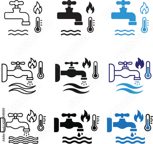 Water Tap and Temperature Icon Set – Hot and Cold Plumbing Faucet Vector Collection in Outline, Solid and Blue Styles