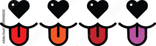 Minimalist dog face vector icons, cute pet snout with heart nose and colorful tongue, set of 4 animal mouth illustrations for veterinary branding