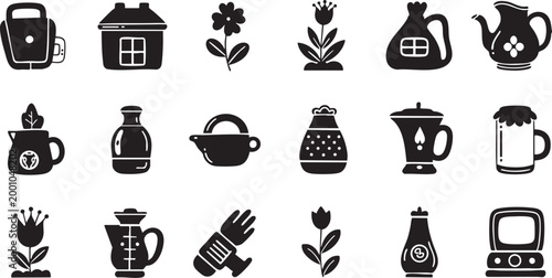 Collection of black simple flat icon set representing kitchenware, household items, and floral elements for design purposes