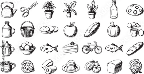 Collection of hand-drawn sketch style icons featuring food, kitchenware, plants, and household objects for graphic design
