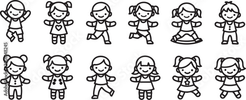 Children icon set featuring diverse boys and girls character illustrations in a simple black line style isolated on a white background for creative design projects
