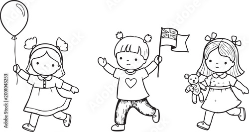 Happy little children character illustrations set featuring cute girls holding a balloon a small flag and a teddy bear in a simple black white sketch