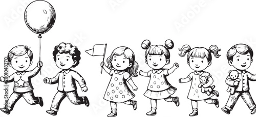 Smiling children running in a joyful line, celebrating diversity, friendship, and playful activities. These happy kids symbolize childhood education, growth, and community, perfect for educational des