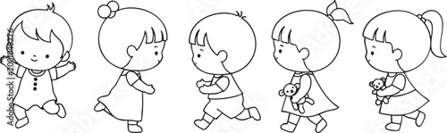Cute cartoon children playing and walking together in a happy line art illustration, perfect for early childhood education, books, or playful design projects, depicting friendship and fun.