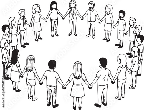 Diverse group of people holding hands in a circle, symbolizing unity, community, teamwork, and connection with each other