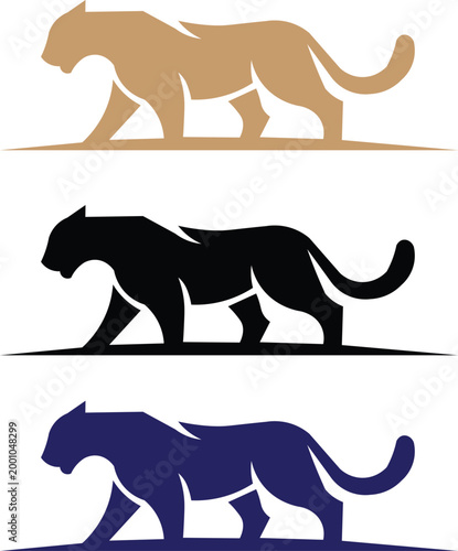 Minimalist panther logo set, stylized cougar silhouette vector icons, sleek wild cat mascot graphics for sports branding and corporate identity
