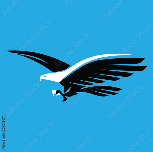 Minimalist bald eagle vector logo, soaring hawk bird silhouette on blue background, powerful eagle mascot icon for corporate branding and sports