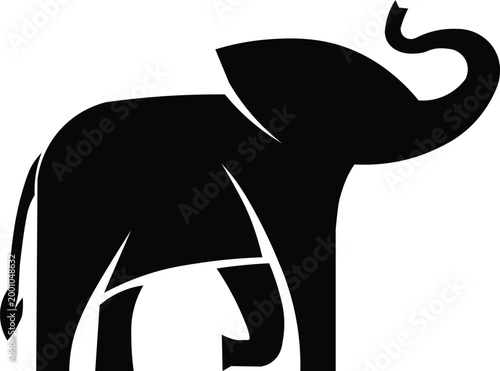 Minimalist elephant silhouette vector, black wild animal icon with raised trunk, stylized safari mammal logo for corporate branding and conservation