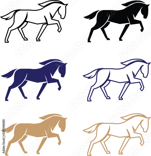 Stylized horse logo set, elegant equestrian silhouette icons in vector format, minimalist galloping stallion line art for branding and sports