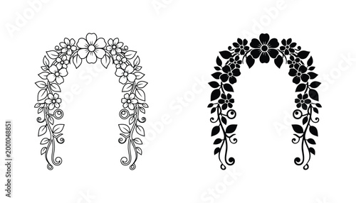 Floral arch border frame set with blossom and leaf motifs in outline and solid black vector style for wedding decor and invitation design elements isolated on white background for creative projects