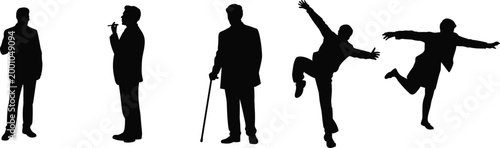 Businessmen and male character silhouettes set with standing poses walking cane dancing and expressive gesture figures collection