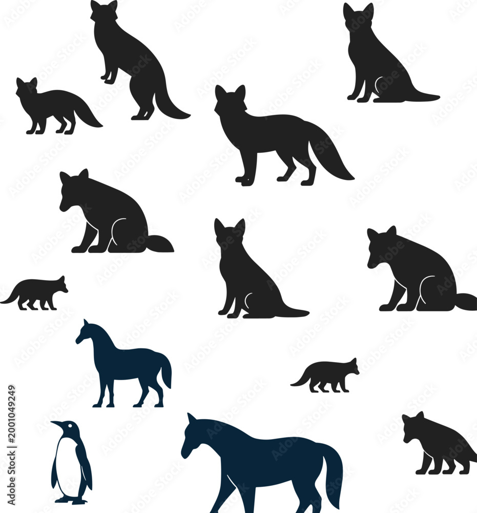 Obraz premium Animal silhouette set featuring fox poses horse and penguin wildlife vector collection isolated on white background