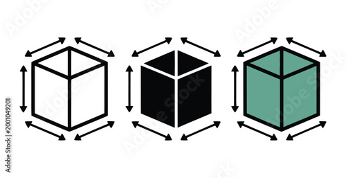 3D box dimensions icon, isometric package measurement vector with arrows showing size, volume, and scaling for shipping, logistics, product packaging, and warehouse design concepts