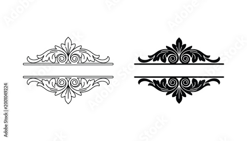 Vintage floral scroll divider set featuring elegant ornate flourishes in outline and solid black vector style for wedding invitations and luxury stationery design projects isolated on white background