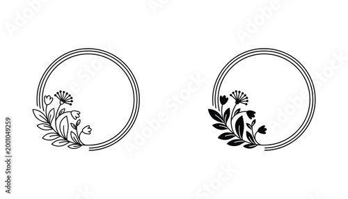 Circular floral frame badge set with delicate leaf and branch accents in outline and solid black vector style for wedding stationery and logo design elements isolated on white background graphics