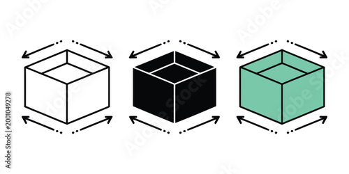3D box dimensions icon, isometric package measurement vector with arrows showing size, volume, and scaling for shipping, logistics, product packaging, and warehouse design concepts