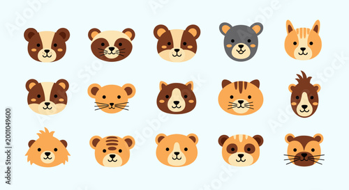 Cartoon animal faces in row.