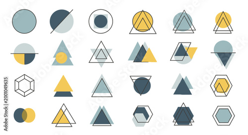 Geometric shapes in yellow and gray.