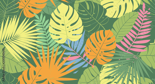 Colorful tropical leaves on plants.