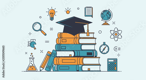 Graduation Cap on Stack of Books.