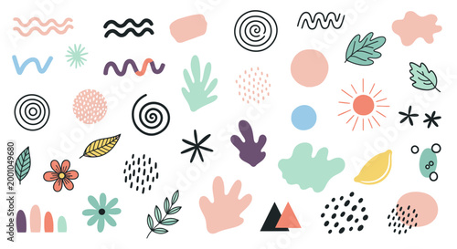 Colorful abstract shapes and symbols.