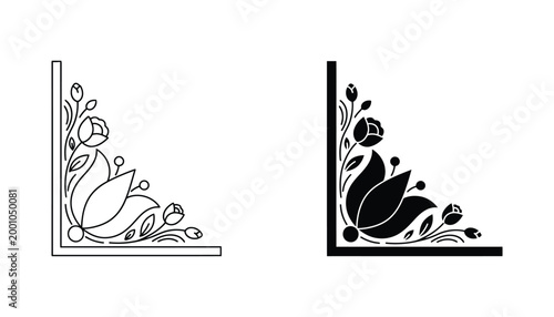 Decorative corner ornament with elegant tulip flowers and foliage in clean line art and solid black vector format for framing layouts and graphic design assets