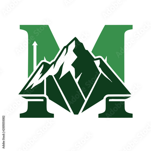 Green mountain logo, letter M, peak icon, outdoor symbol, vector emblem