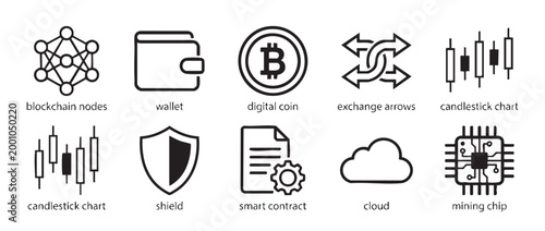 Set of Cryptocurrency and Blockchain Technology Line Icons, Digital Finance, Bitcoin Mining and Trading Concept