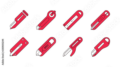 Set of red utility knife icons for construction and craft