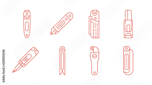 Set of red utility knife icons for construction and craft