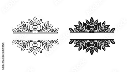 Split floral header divider with symmetrical leaf and flower motifs in line art and solid black vector format for versatile page layout decoration