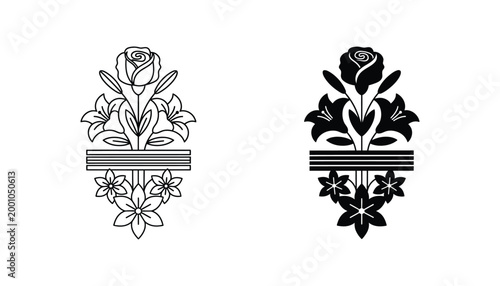 Vertical floral composition ornament with roses and lilies in outline and solid black vector style for sophisticated design and decorative page elements