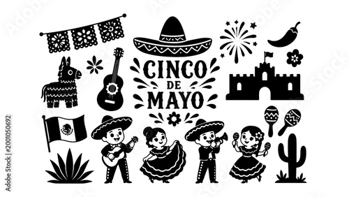 Cinco de Mayo Cartoon Characters Silhouette Set,PNG transparent background 