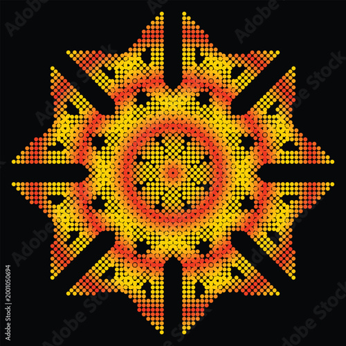 Vibrant Geometric Sunburst Mandala with Halftone Dot Texture, Abstract Radial Pattern, Modern Decorative Symmetry Design Illustration