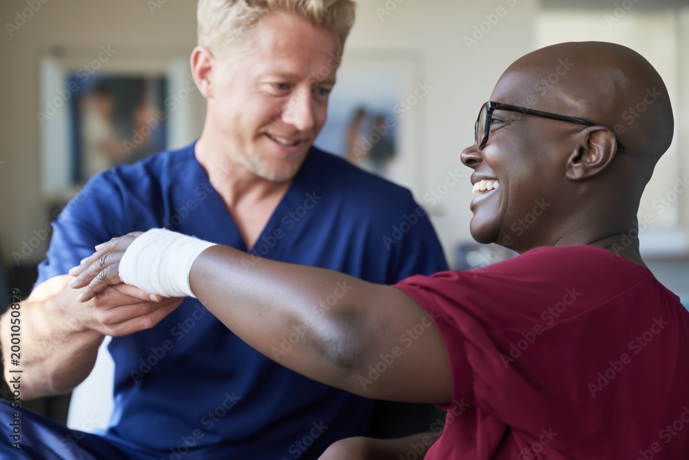 Fototapeta premium Therapist assisting patient with wrist bandage in clinic