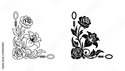 Sophisticated floral corner frame element with roses and lily flowers in outline and solid black vector styles for elegant stationery and design projects