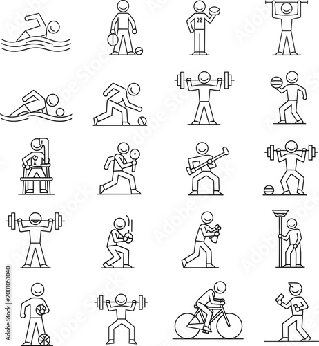 Line icons of various human sports and physical activities, depicting active people engaged in diverse athletic pursuits, recreational hobbies, and fitness exercises