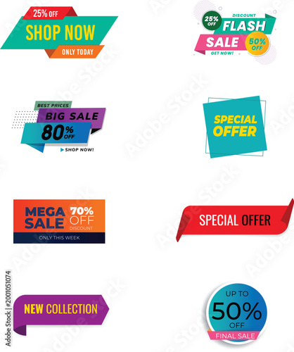 Modern Sales Banners Collection with Geometric Labels, Mega Sale Ribbons, Flash Sale Tags and Promotional Offer Vector Elements