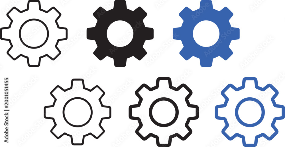 Fototapeta premium Gear Cog Icon Set – Settings and Engineering Mechanism Vector Collection in Outline, Solid and Blue Styles