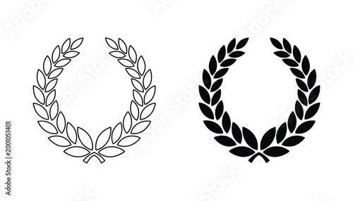 Semicircle laurel branch wreath vector set featuring black line art and solid silhouette designs for elegant framing and victory decorations on a minimalist white background