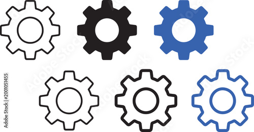 Gear Cog Icon Set – Settings and Engineering Mechanism Vector Collection in Outline, Solid and Blue Styles
