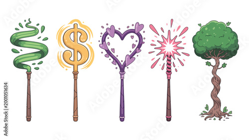 Magic wand icon set, fantasy vector collection of creative magic staff elements including money, love, nature, and spark themes for game assets, UI design, mystical effects, and enchanting illustratio