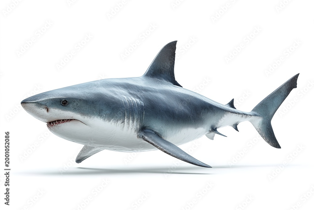 Fototapeta premium Great white shark side view, isolated on white background
