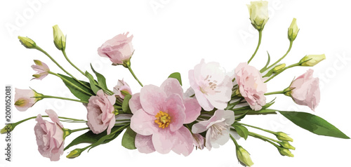 Elegant pink floral bouquet with blooming roses and buds, watercolor botanical arrangement with green leaves romantic decoration isolated on white background