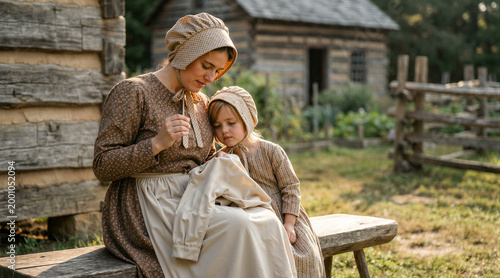 A pioneer mother in 1850 period attire teaches her young daughter sewing techniques outside a rustic log cabin, capturing a moment of quiet historical domesticity and ancestral legacy.